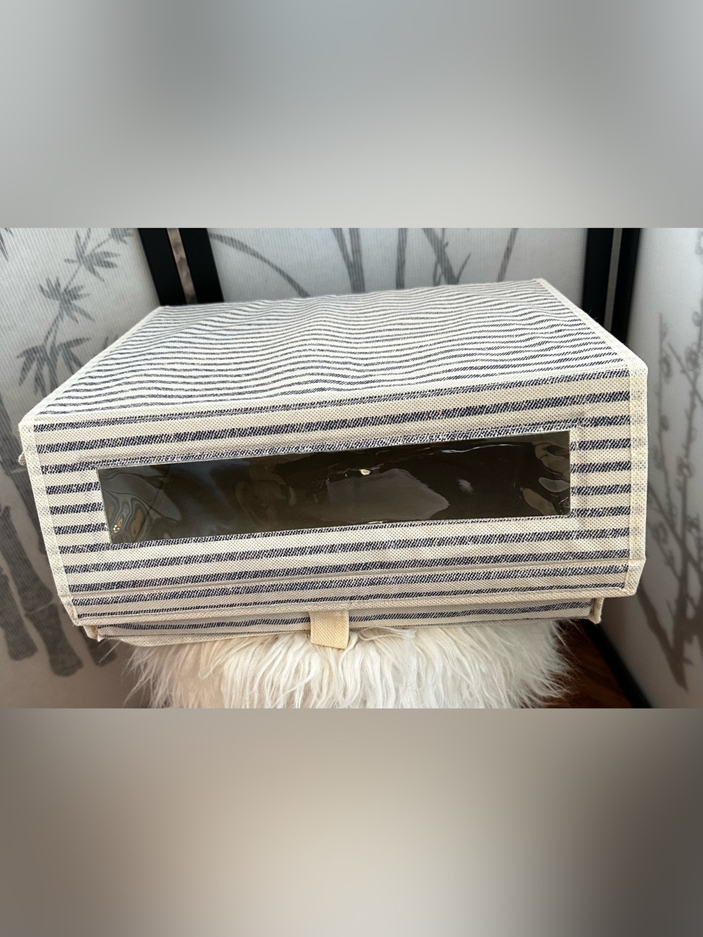 Ten (10) Striped Fabric Collapsible Storage Bin with Clear Window - Blue & White